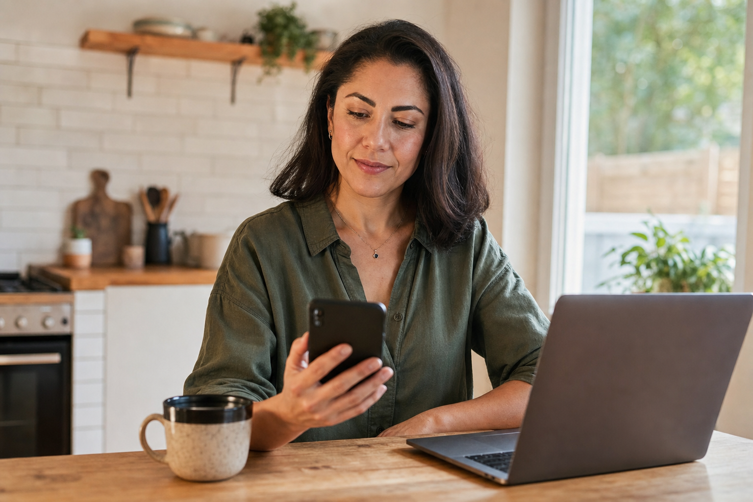 A person calmly reviewing online dating safety information on a phone and laptop