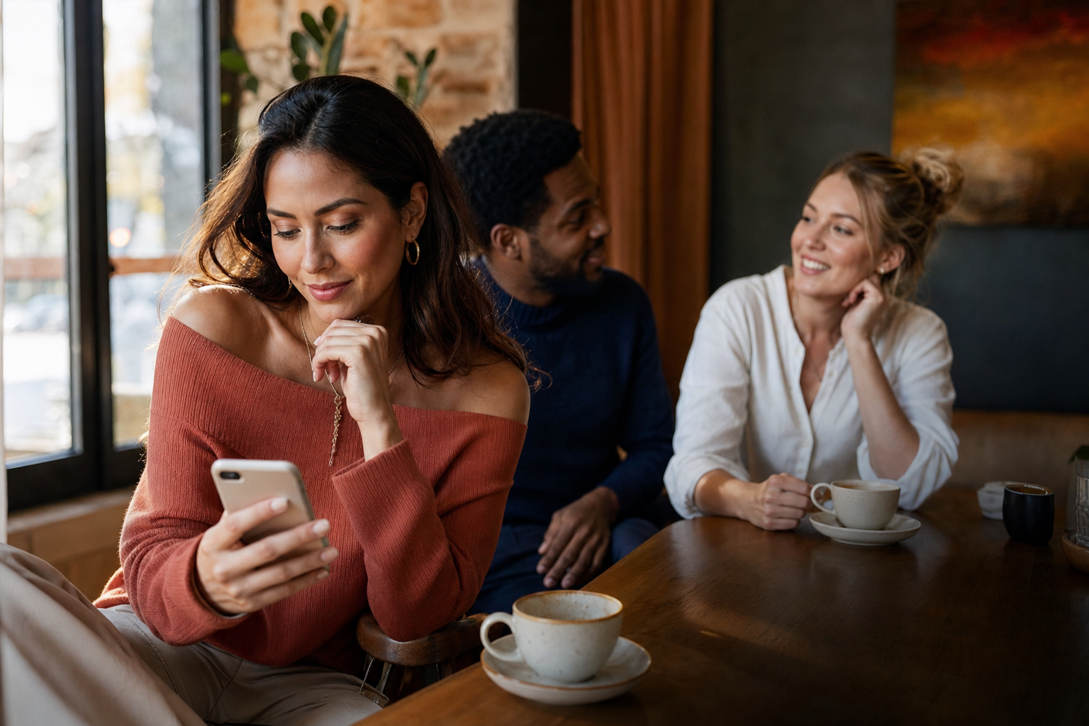 Diverse adults using phones in a bright cafe while comparing dating options