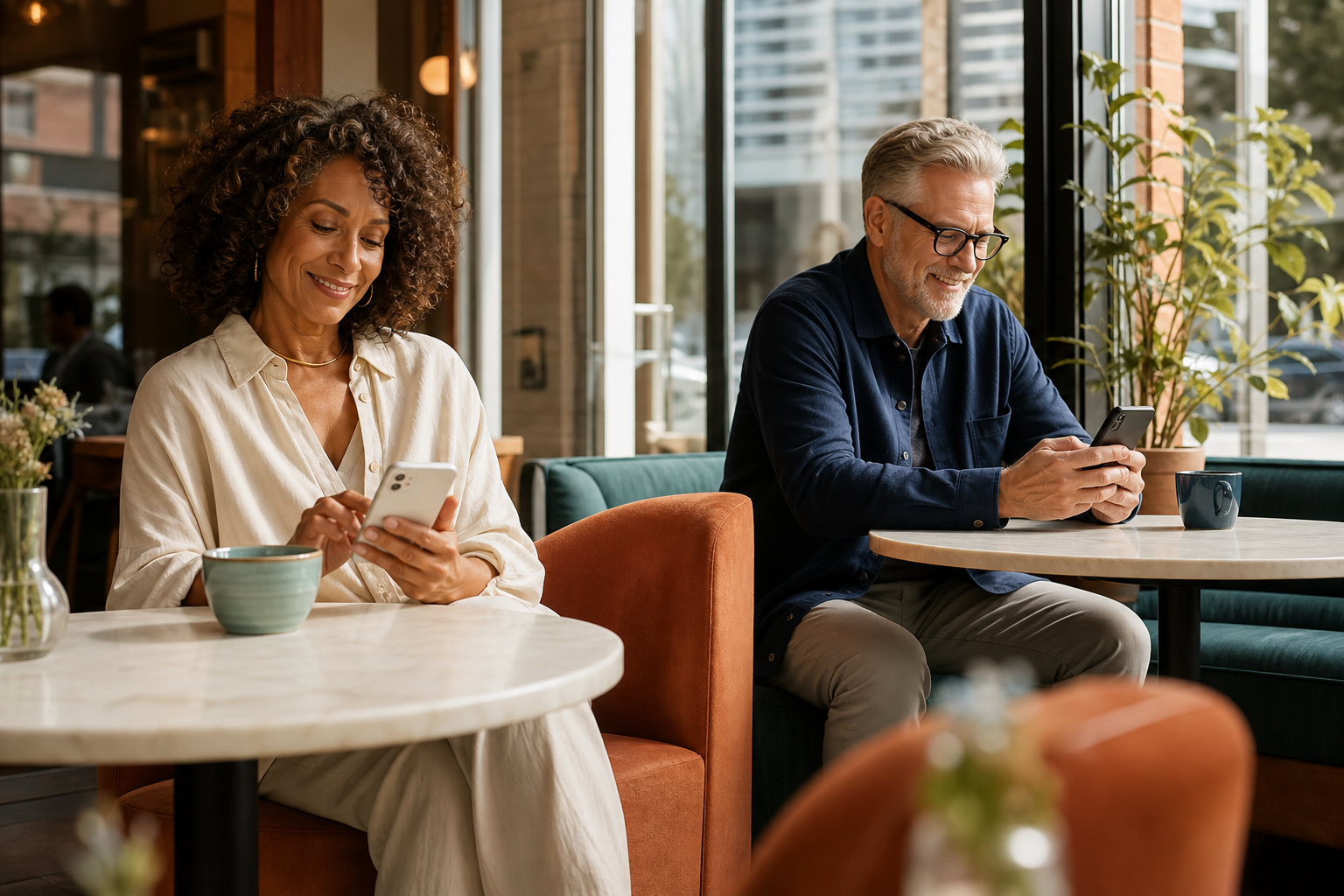 Mature adults confidently using phones in a bright cafe setting