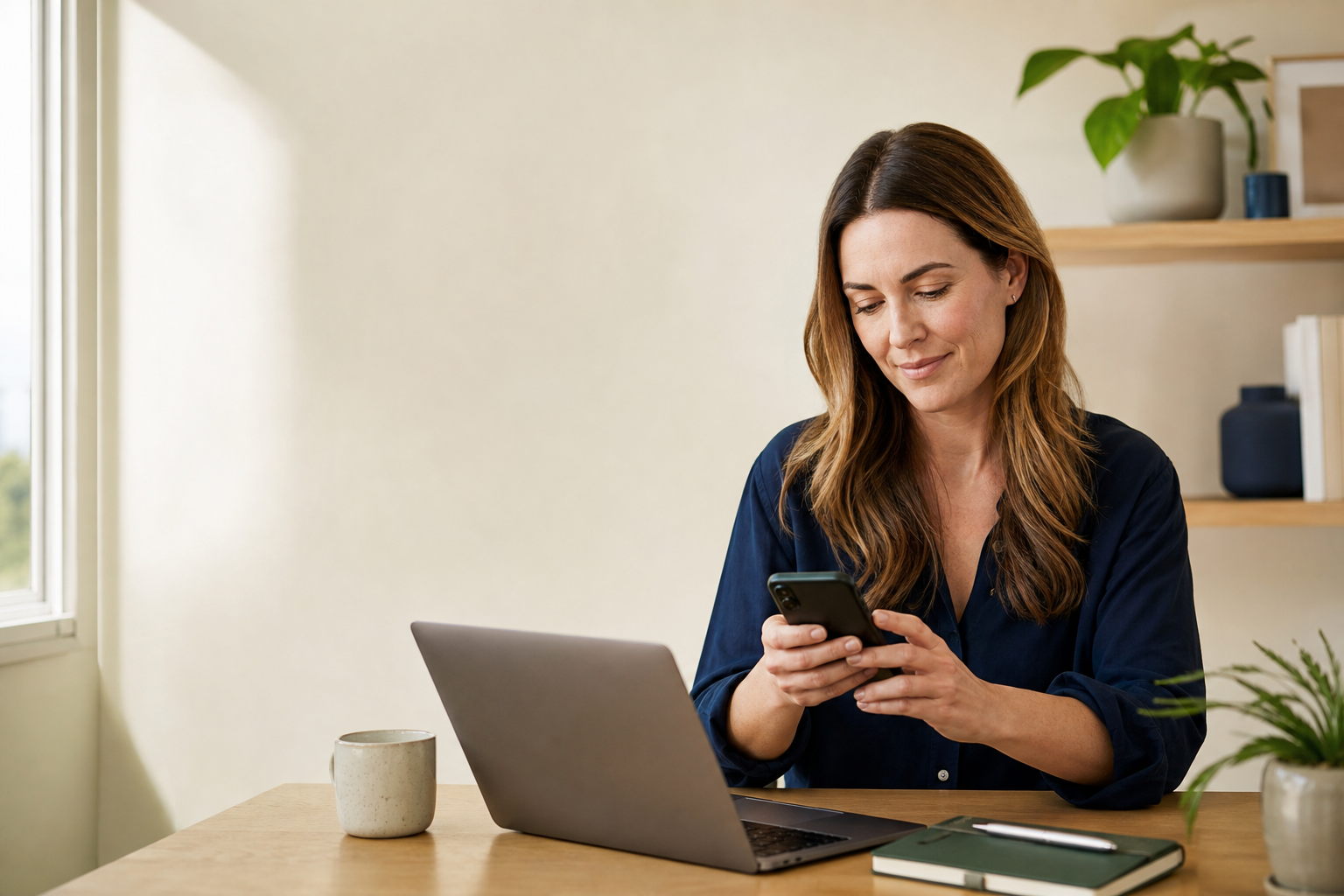 A calm online dating safety review moment with a phone and laptop at home
