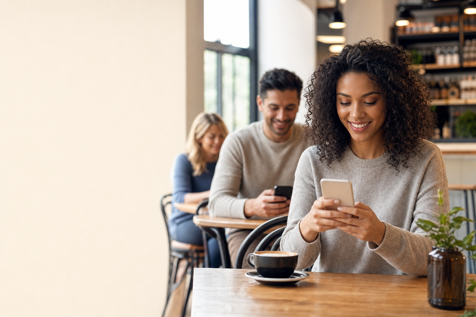 Diverse adults using phones in a bright cafe while comparing dating options