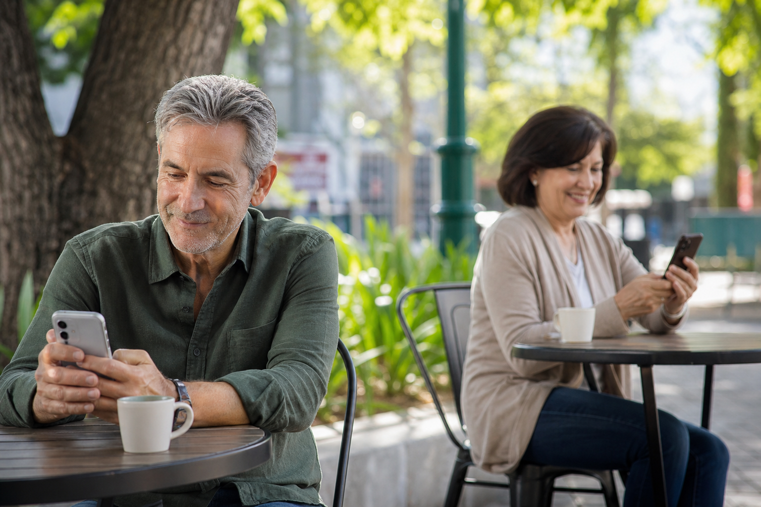 Mature adults confidently using phones in a bright cafe setting